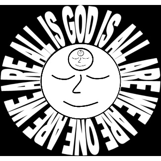 A circular design with a smiling face and meditative expression at the center, surrounded by the text 'WE ARE ALL IS GOD IS ALL ARE WE ONE ARE' in a bold, white font on a black background.